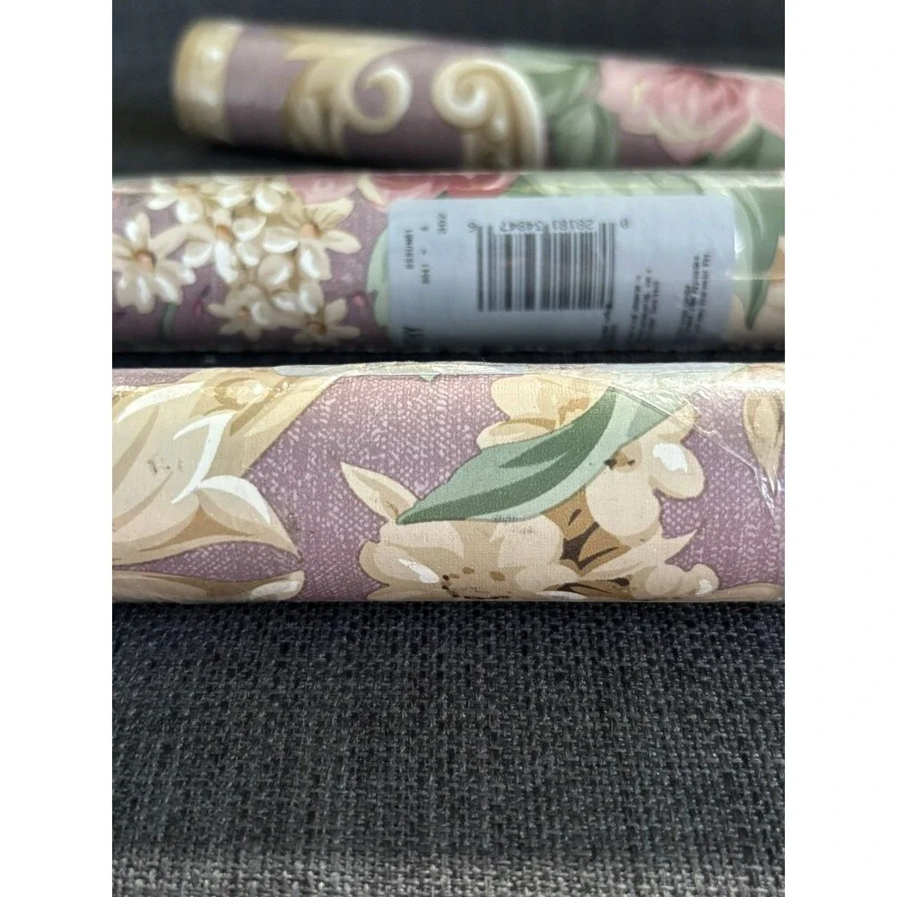 VTG Sunworthy Wallpaper Border 3 Rolls Floral w/ Scroll Pink Mauve Gold Cottage
